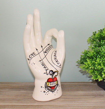 Ceramic Palmistry Hand Pseudoscience Art Ornament - Faith Tattoo Print