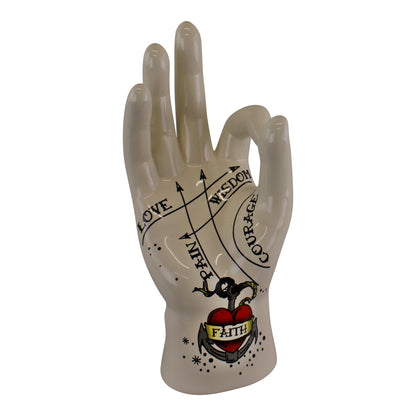 Ceramic Palmistry Hand Pseudoscience Art Ornament - Faith Tattoo Print