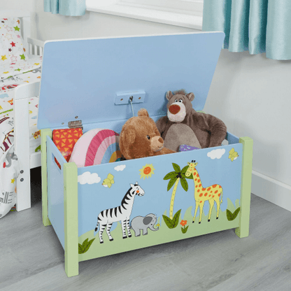 Safari Animals Wooden Toy Storage Bench Box with Lid - Blue