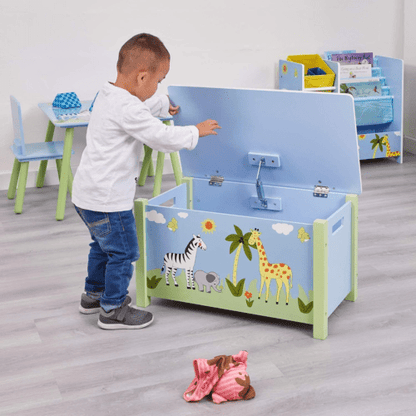 Safari Animals Wooden Toy Storage Bench Box with Lid - Blue