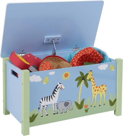 Safari Animals Wooden Toy Storage Bench Box with Lid - Blue