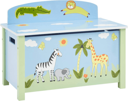 Safari Animals Wooden Toy Storage Bench Box with Lid - Blue