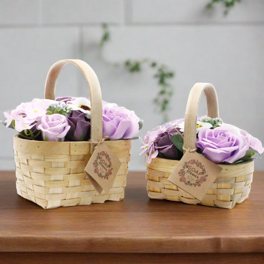 Scented Soap Flower Gift Bouquet in Wicker Basket - Lilac Purple