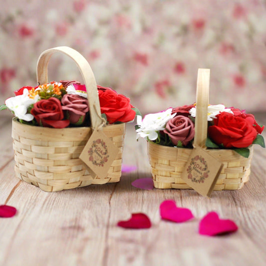 Scented Soap Flower Gift Bouquet in Wicker Basket - Red