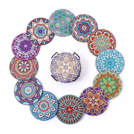 Set of 12 DIY Diamond Painting Round Coaster Mat Kit with Storage Holder