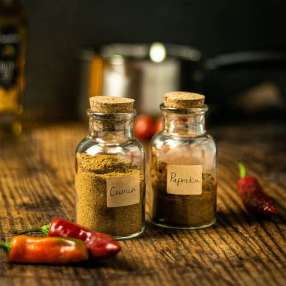Set of 12 Transparent 150ml Glass Spice Jars with Cork Stopper Lid