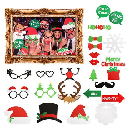 Set of 24 Christmas Party Fun Photo Booth Props with Selfie Frame