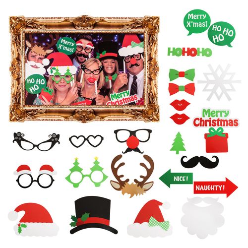 Set of 24 Christmas Party Fun Photo Booth Props with Selfie Frame