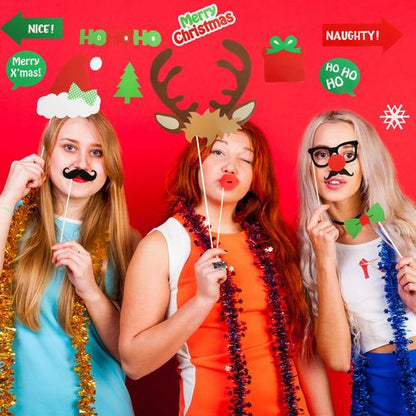 Set of 24 Christmas Party Fun Photo Booth Props with Selfie Frame