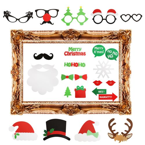 Set of 24 Christmas Party Fun Photo Booth Props with Selfie Frame