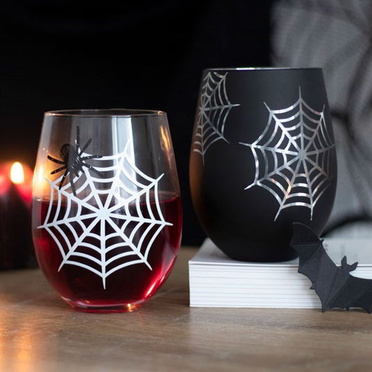 Set of 2 Gothic Style Spider and Web Stemless Wine Glasses Tumblers