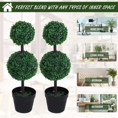 Set of 2 Artificial Green Boxwood Double Ball Topiary Plant Tree