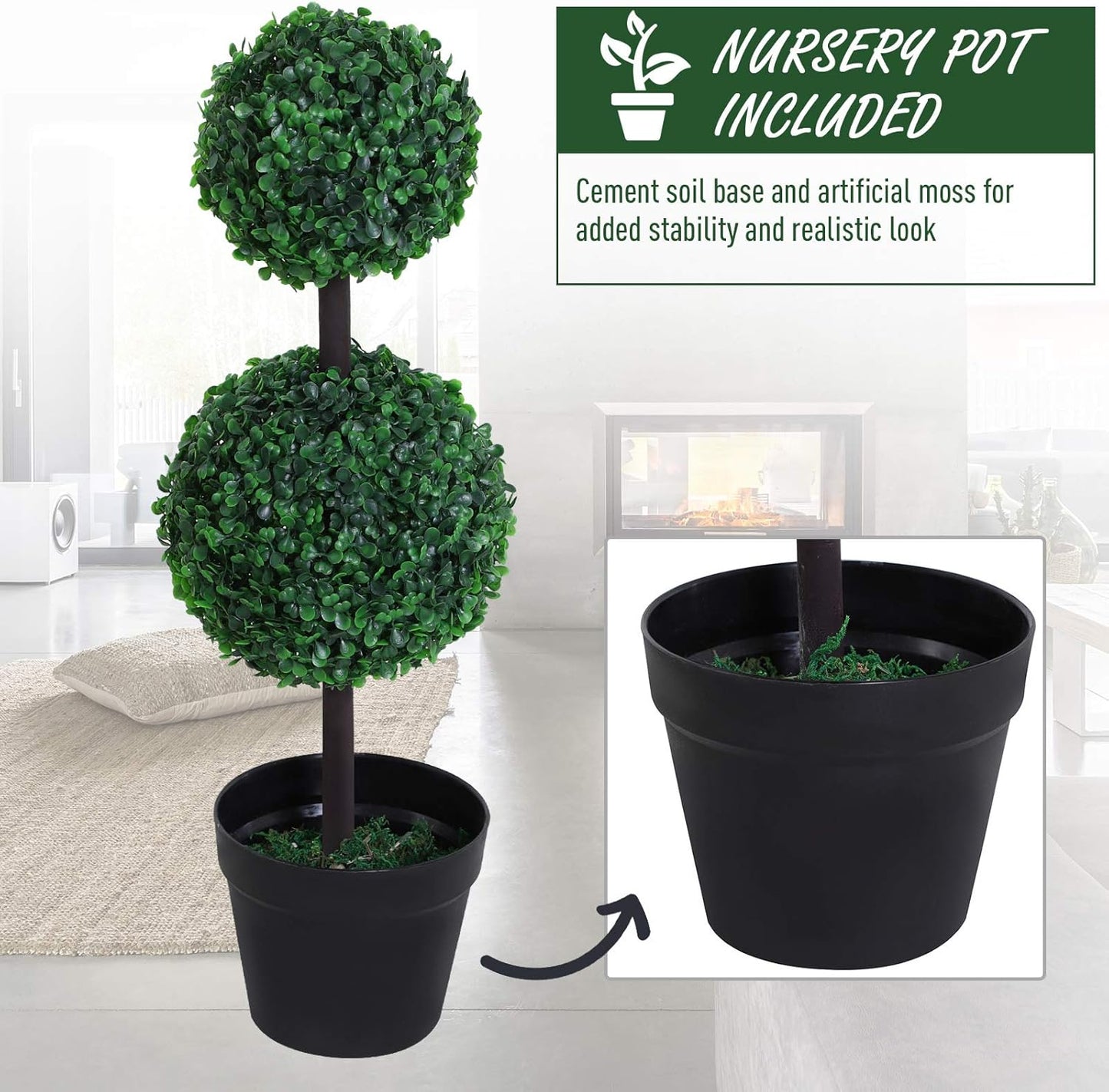 Set of 2 Artificial Green Boxwood Double Ball Topiary Plant Tree