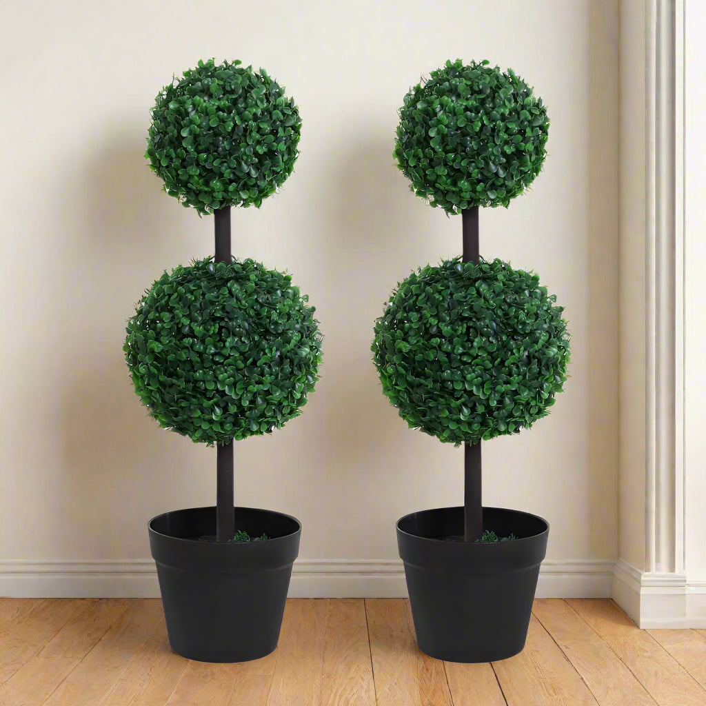 Set of 2 Artificial Green Boxwood Double Ball Topiary Plant Tree