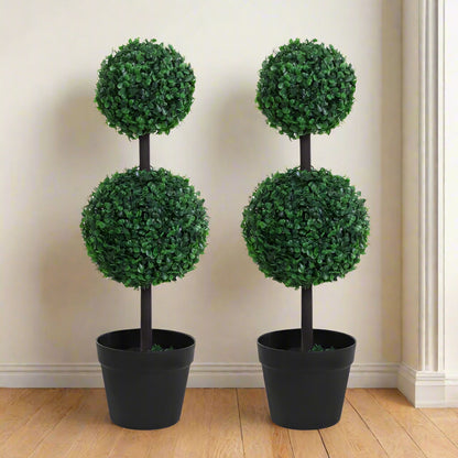 Set of 2 Artificial Green Boxwood Double Ball Topiary Plant Tree