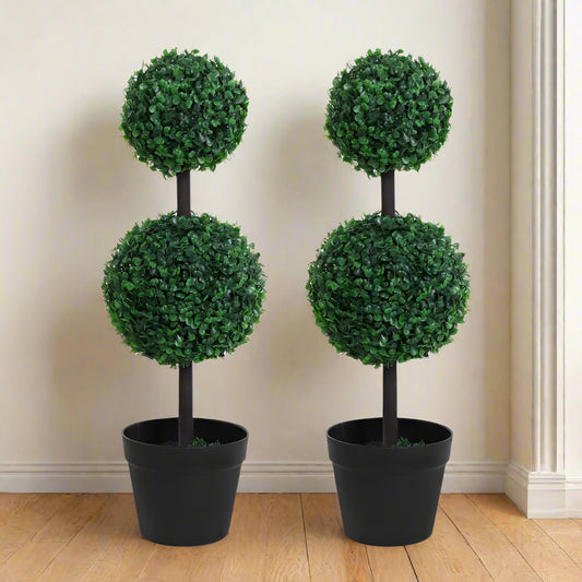 Set of 2 Artificial Green Boxwood Double Ball Topiary Plant Tree