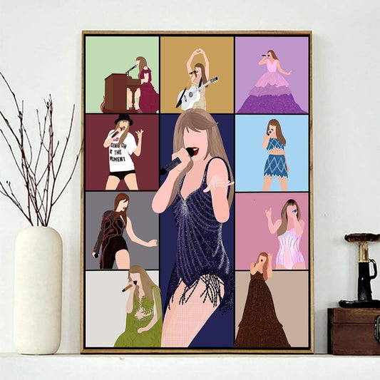 A full drill, 5d diamond arts, craft kit with a picture of celebrity Taylor Swift in different poses and outfits, displayed on a shelf.
