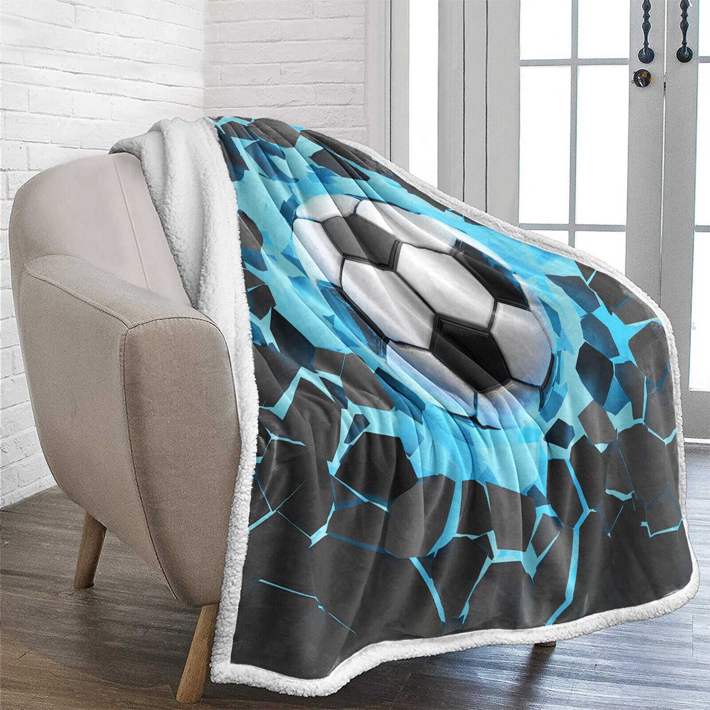 Soft Warm Fleece Blanket Throw - Blue Football Design