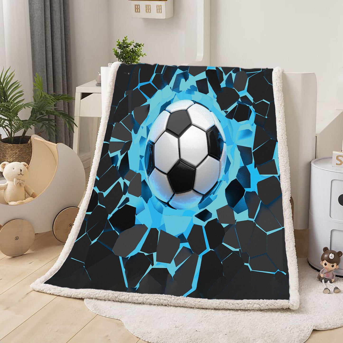 Soft Warm Fleece Blanket Throw - Blue Football Design