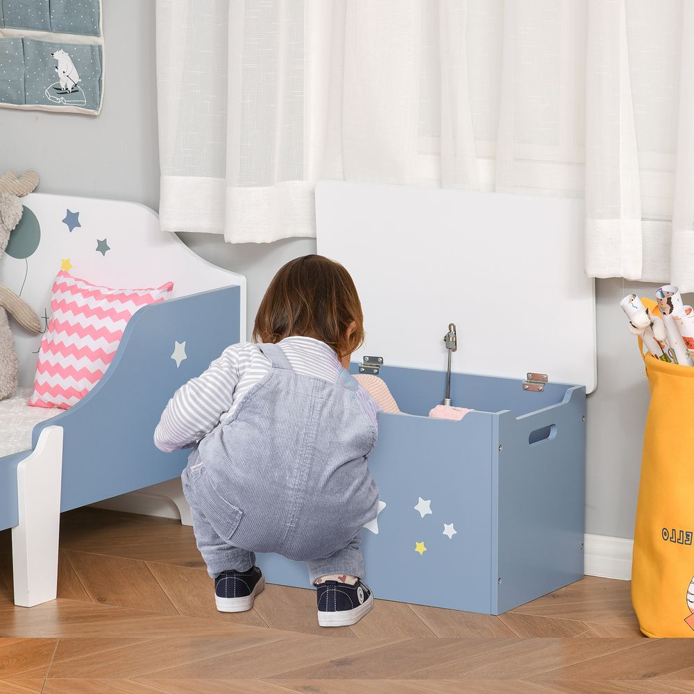 Stars Wooden Toy Chest Storage Bench Box with Lid - Blue & White