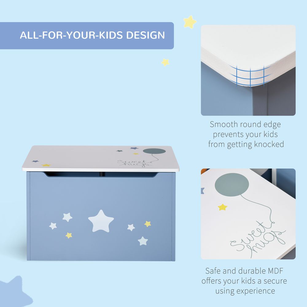 Stars Wooden Toy Chest Storage Bench Box with Lid - Blue & White