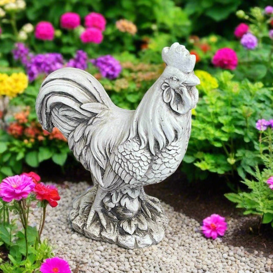 Stone Effect White Cockerel Rustic Garden Statue Outdoor Decoration