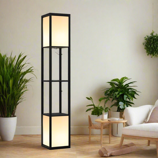 Tall Wooden Modern Floor Lamp with 2 Storage Shelves - Black