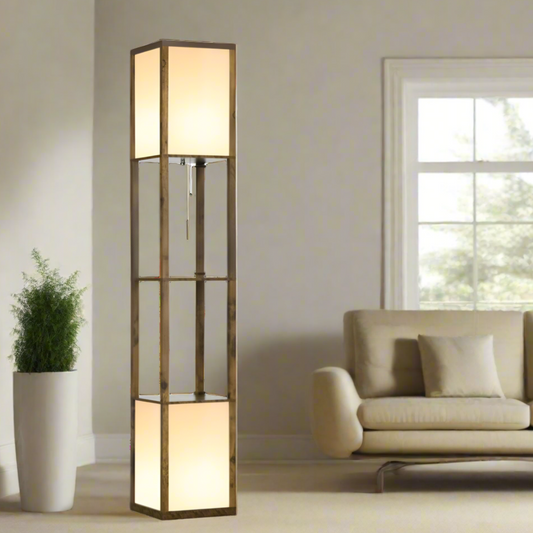 Tall Wooden Modern Floor Lamp with 2 Storage Shelves - Brown