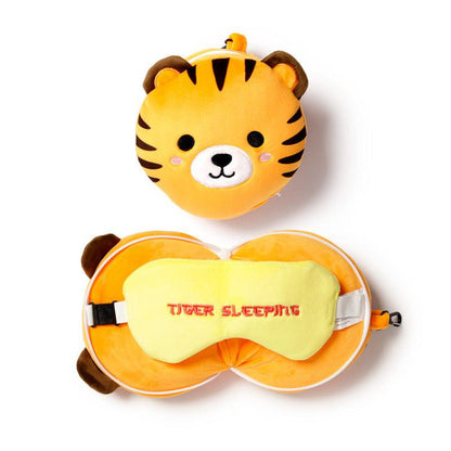 Tiger Relaxeazzz Round Plush Kids Travel Pillow & Eye Mask Set