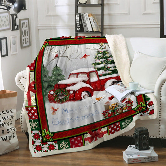 Warm Soft Fleece Blanket Throw - Red Merry Christmas Truck Snowman