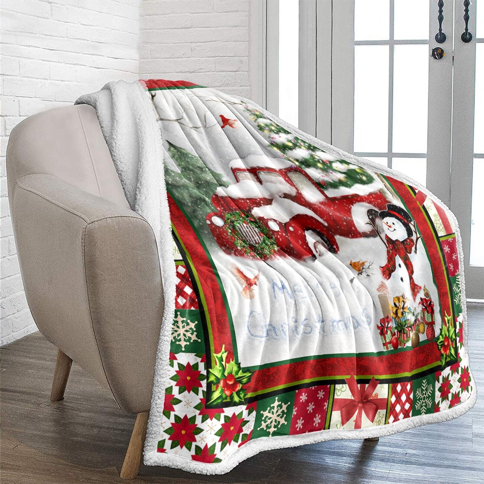 Warm Soft Fleece Blanket Throw - Red Merry Christmas Truck Snowman
