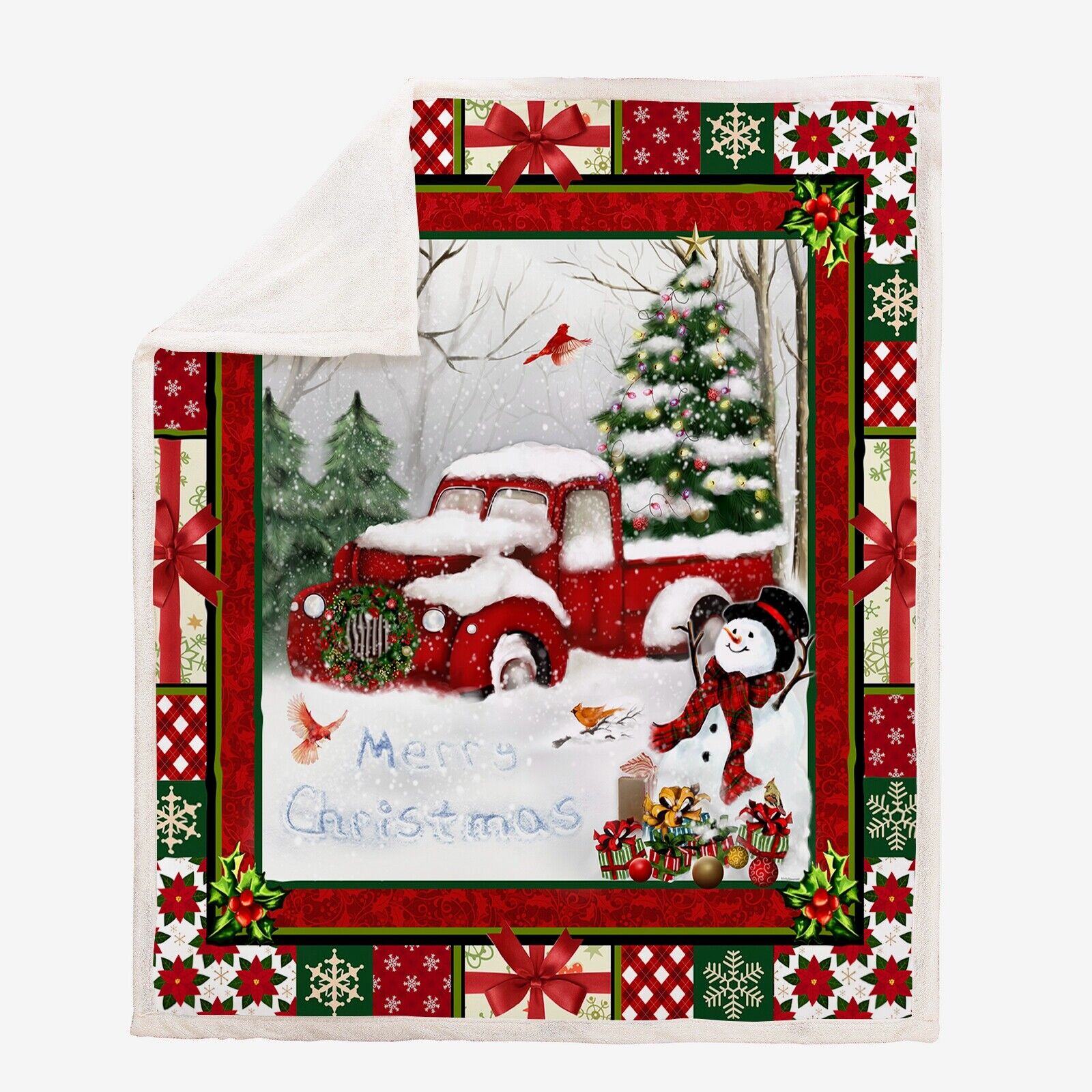 Warm Soft Fleece Blanket Throw - Red Merry Christmas Truck Snowman