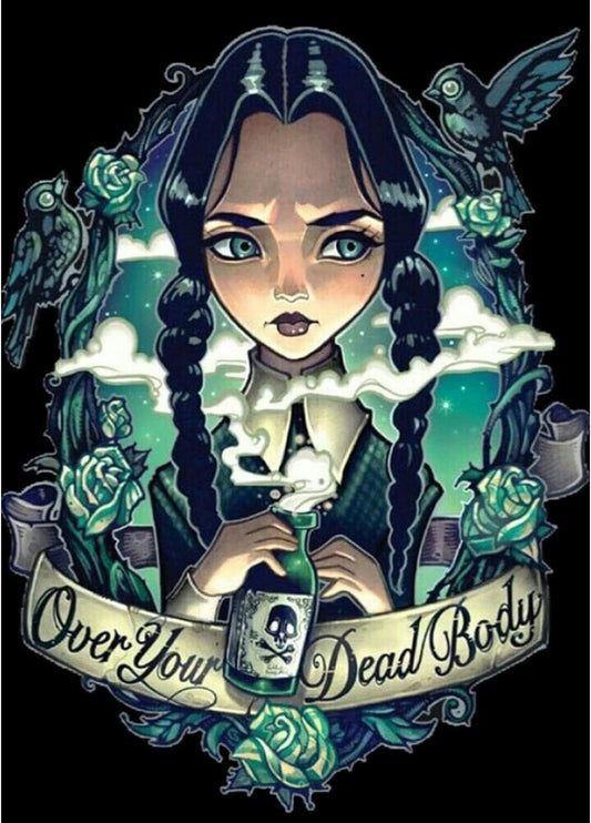 A full drill, 5d diamond arts, craft kit with a picture of Wednesday Addams from the Addams Family in green and black.