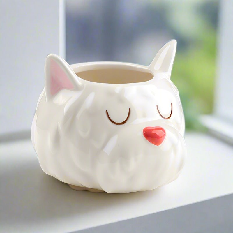 White Westie Dog Head Shaped Ceramic Indoor Succulents Planter