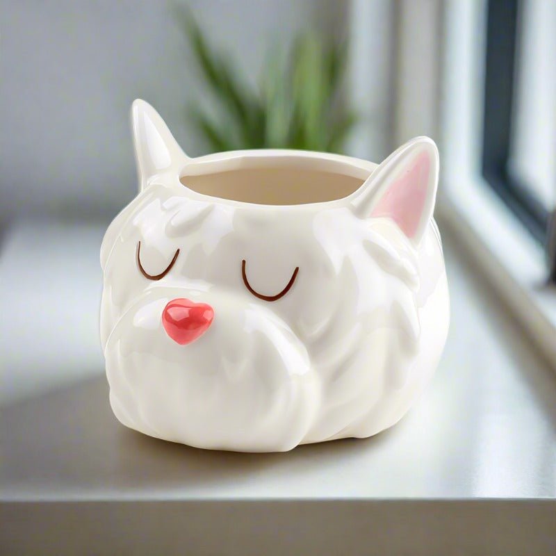 White Westie Dog Head Shaped Ceramic Indoor Succulents Planter