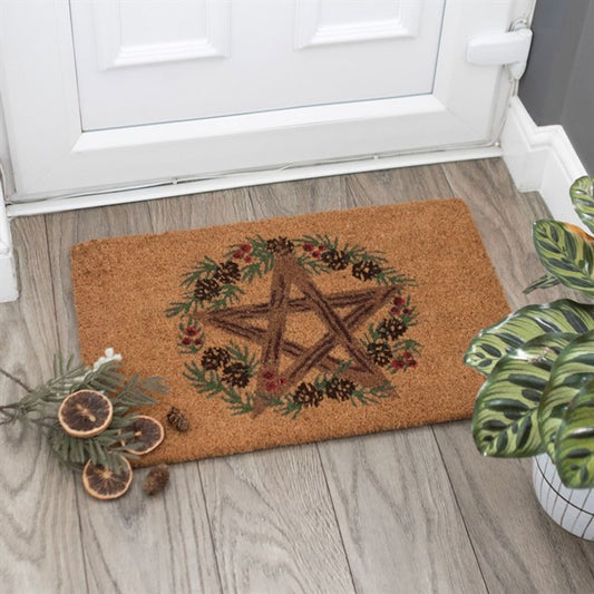 Winter Solstice Pentagram Wicca Natural Coir Doormat