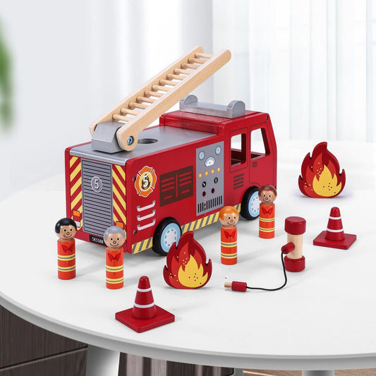 Wooden Red Fire Engine Truck Role Play Toy with Firefighter Figurines