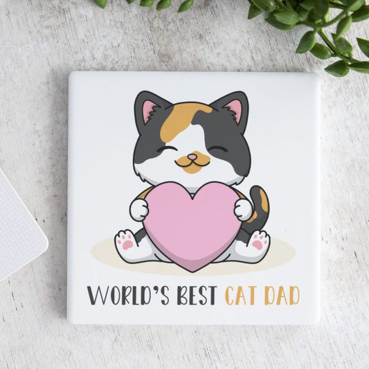 World’s Best Cat Dad with Pink Heart Square Ceramic Coaster