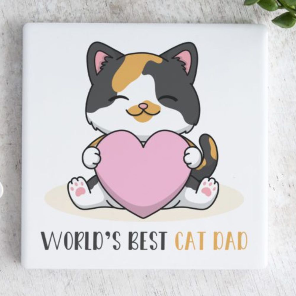 World’s Best Cat Dad with Pink Heart Square Ceramic Coaster