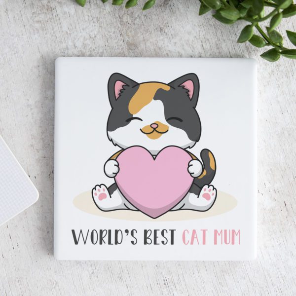World’s Best Cat Mum with Pink Heart Square Ceramic Coaster