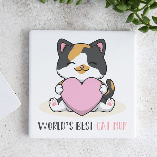 World’s Best Cat Mum with Pink Heart Square Ceramic Coaster