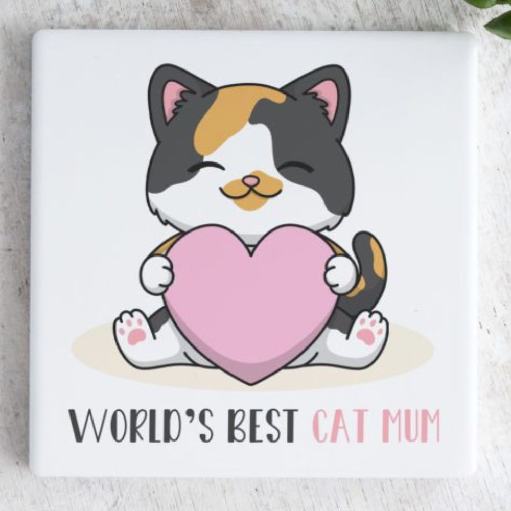 World’s Best Cat Mum with Pink Heart Square Ceramic Coaster