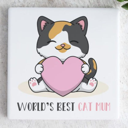 World’s Best Cat Mum with Pink Heart Square Ceramic Coaster