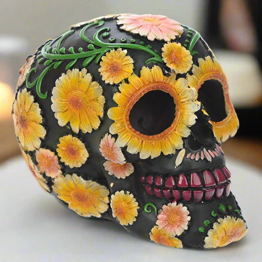 Yellow Daisy Day of the Dead Skull Head Figure Fantasy Ornament