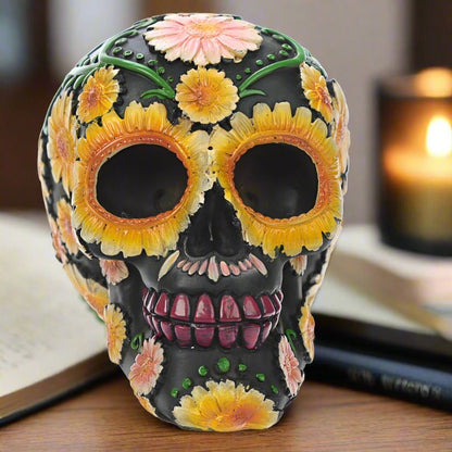Yellow Daisy Day of the Dead Skull Head Figure Fantasy Ornament