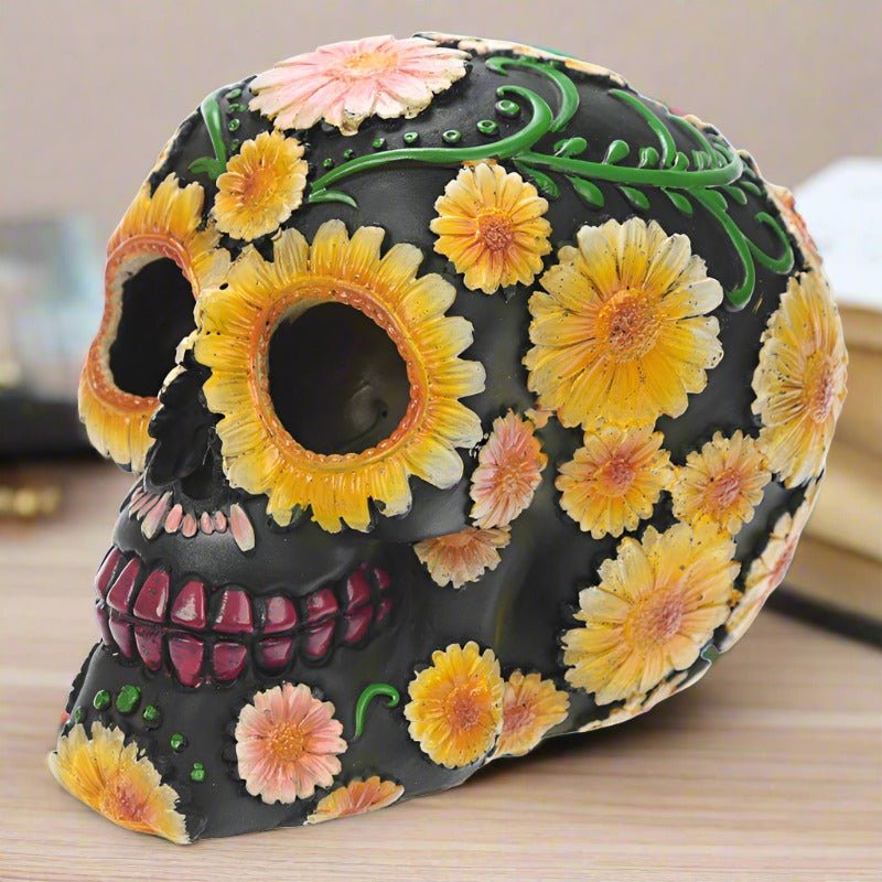 Yellow Daisy Day of the Dead Skull Head Figure Fantasy Ornament