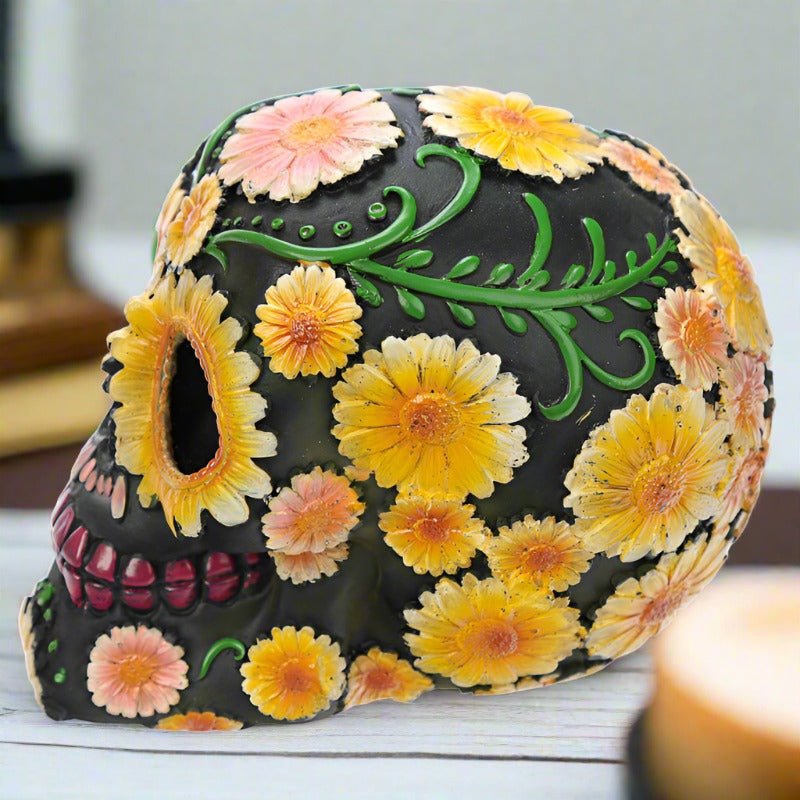 Yellow Daisy Day of the Dead Skull Head Figure Fantasy Ornament