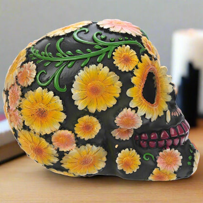 Yellow Daisy Day of the Dead Skull Head Figure Fantasy Ornament