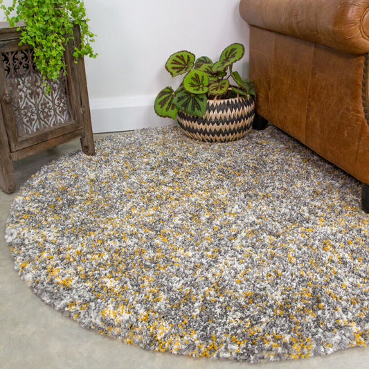 Yellow Ochre Grey Flecked Round Circle Shaggy Non Shed Floor Rug 135cm