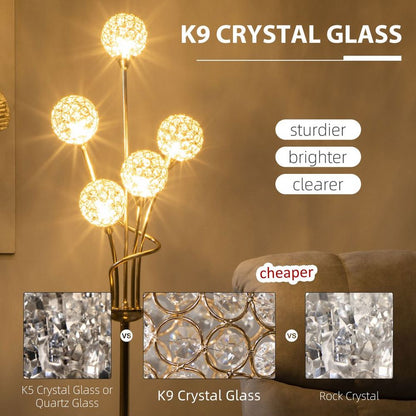 K9 Crystal 5 Glass Balls Standing Floor Lamp Light Decoration - Gold